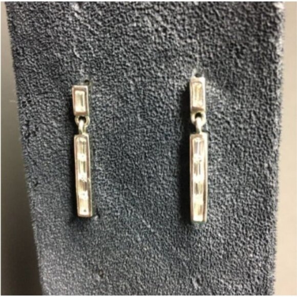 Vintage Jewelry - Drop Dangle Pierced Earrings Rectangular Silver Rhinestone Bling Glam Vintage
